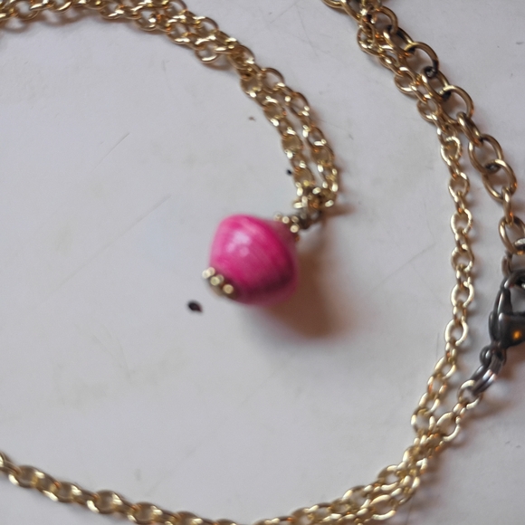 Handmade Gold Necklace with Pink Bead Accent - Picture 2 of 5